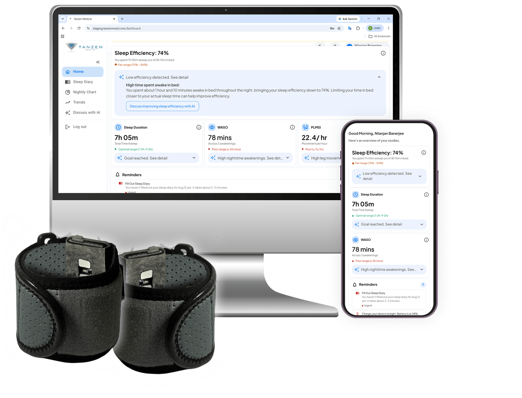 RestEaze bands with the clinical dashboard and mobile app